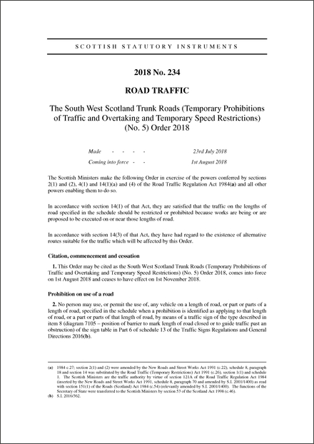 The South West Scotland Trunk Roads (Temporary Prohibitions of Traffic and Overtaking and Temporary Speed Restrictions) (No. 5) Order 2018