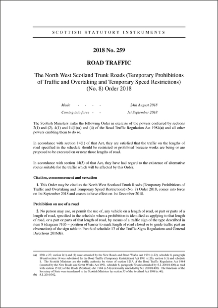 The North West Scotland Trunk Roads (Temporary Prohibitions of Traffic and Overtaking and Temporary Speed Restrictions) (No. 8) Order 2018