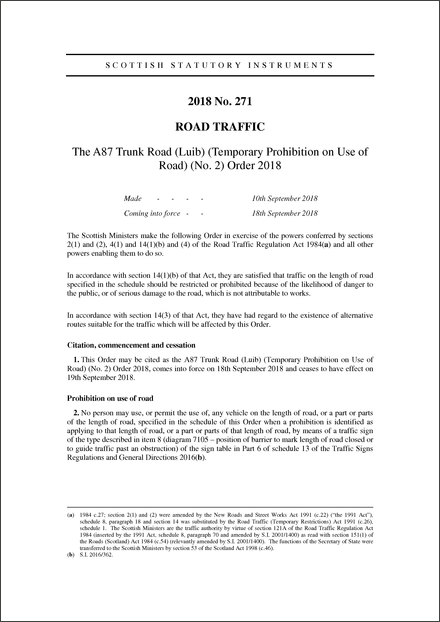 The A87 Trunk Road (Luib) (Temporary Prohibition on Use of Road) (No. 2) Order 2018