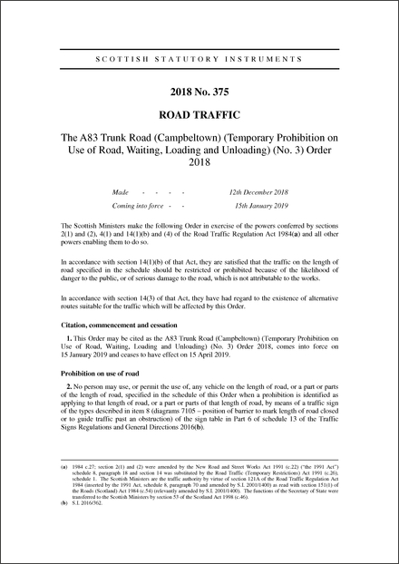 The A83 Trunk Road (Campbeltown) (Temporary Prohibition on Use of Road, Waiting, Loading and Unloading) (No. 3) Order 2018