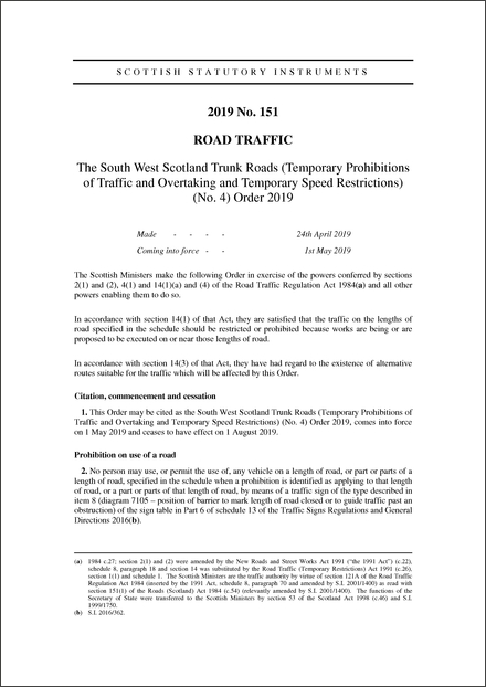 The South West Scotland Trunk Roads (Temporary Prohibitions of Traffic and Overtaking and Temporary Speed Restrictions) (No. 4) Order 2019