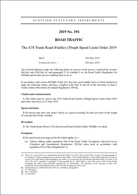 The A78 Trunk Road (Fairlie) (30mph Speed Limit) Order 2019