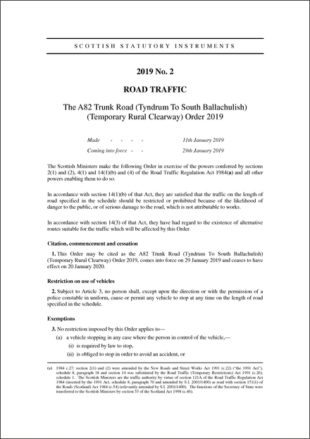 The A82 Trunk Road (Tyndrum To South Ballachulish) (Temporary Rural Clearway) Order 2019