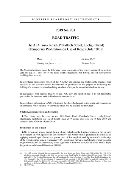 The A83 Trunk Road (Poltalloch Street, Lochgilphead) (Temporary Prohibition on Use of Road) Order 2019