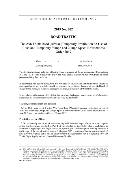The A96 Trunk Road (Alves) (Temporary Prohibition on Use of Road and Temporary 30mph and 20mph Speed Restrictions) Order 2019