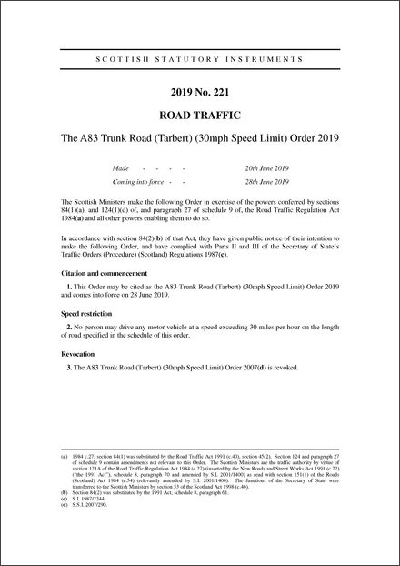 The A83 Trunk Road (Tarbert) (30mph Speed Limit) Order 2019