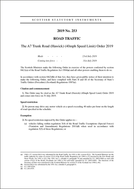 The A7 Trunk Road (Hawick) (40mph Speed Limit) Order 2019