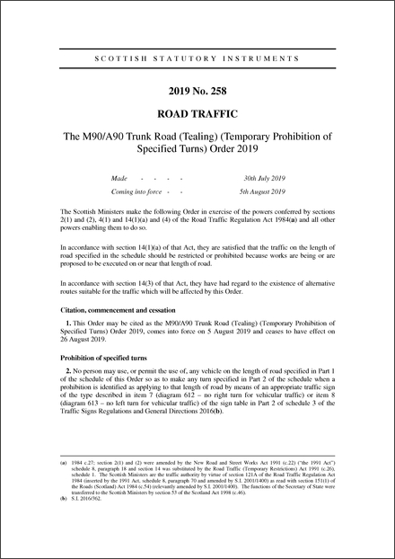 The M90/A90 Trunk Road (Tealing) (Temporary Prohibition of Specified Turns) Order 2019