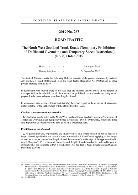 The North West Scotland Trunk Roads (Temporary Prohibitions of Traffic and Overtaking and Temporary Speed Restrictions) (No. 8) Order 2019