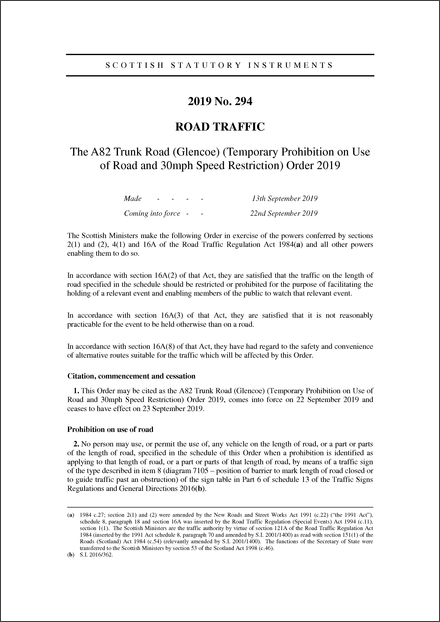 The A82 Trunk Road (Glencoe) (Temporary Prohibition on Use of Road and 30mph Speed Restriction) Order 2019