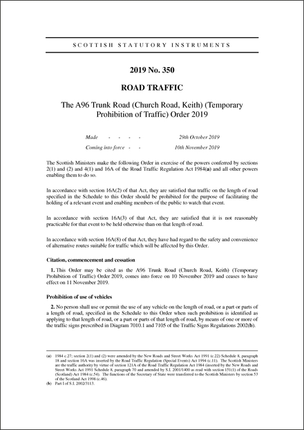 The A96 Trunk Road (Church Road, Keith) (Temporary Prohibition of Traffic) Order 2019