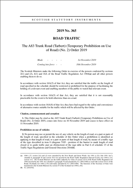 The A83 Trunk Road (Tarbert) (Temporary Prohibition on Use of Road) (No. 2) Order 2019