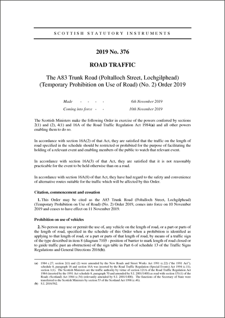 The A83 Trunk Road (Poltalloch Street, Lochgilphead) (Temporary Prohibition on Use of Road) (No. 2) Order 2019