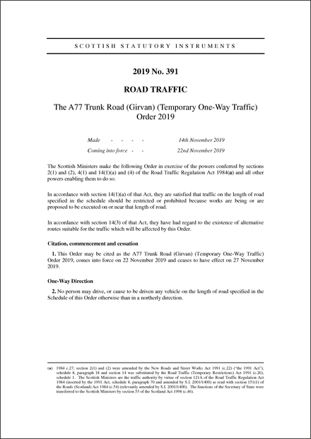 The A77 Trunk Road (Girvan) (Temporary One-Way Traffic) Order 2019