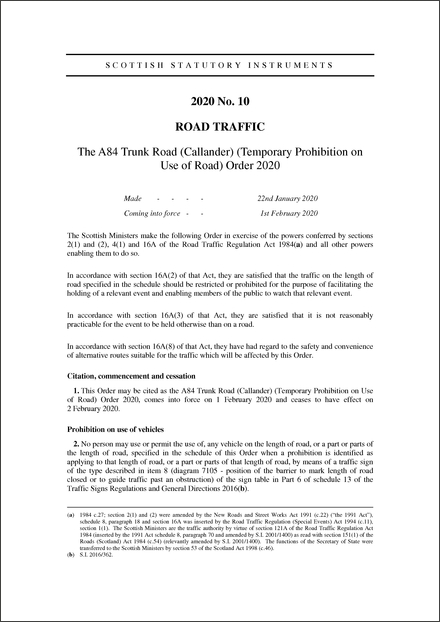 The A84 Trunk Road (Callander) (Temporary Prohibition on Use of Road) Order 2020