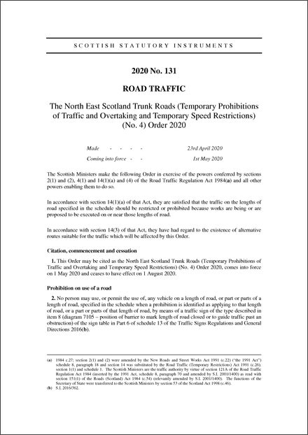 The North East Scotland Trunk Roads (Temporary Prohibitions of Traffic and Overtaking and Temporary Speed Restrictions) (No. 4) Order 2020
