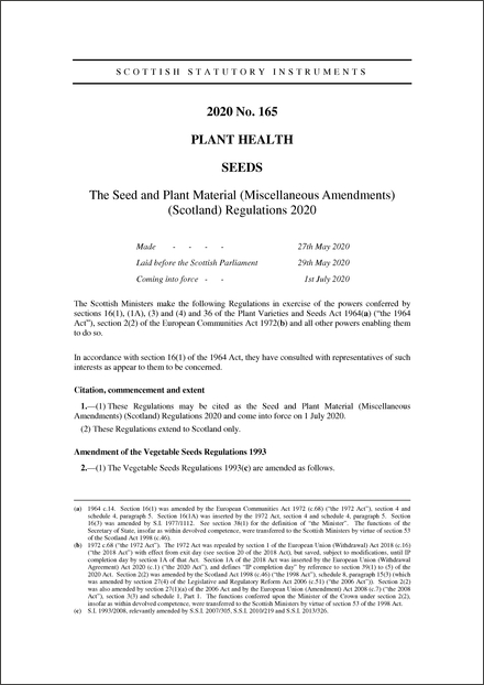 The Seed and Plant Material (Miscellaneous Amendments) (Scotland) Regulations 2020
