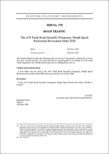 The A78 Trunk Road (Seamill) (Temporary 30mph Speed Restriction) Revocation Order 2020