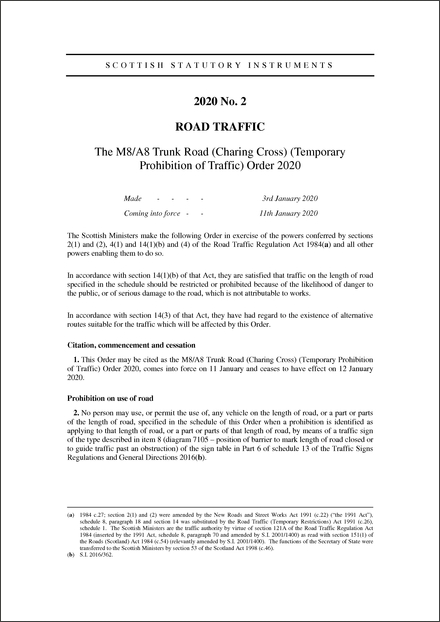 The M8/A8 Trunk Road (Charing Cross) (Temporary Prohibition of Traffic) Order 2020