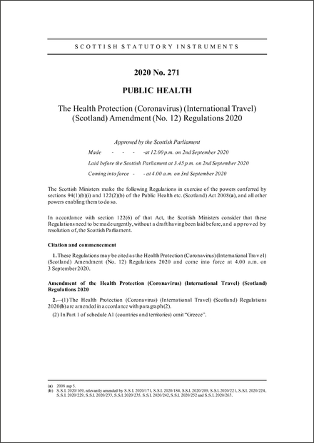 The Health Protection (Coronavirus) (International Travel) (Scotland) Amendment (No. 12) Regulations 2020
