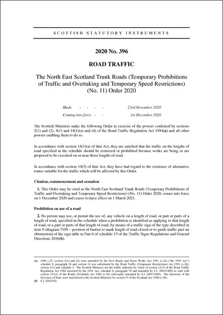 The North East Scotland Trunk Roads (Temporary Prohibitions of Traffic and Overtaking and Temporary Speed Restrictions) (No. 11) Order 2020