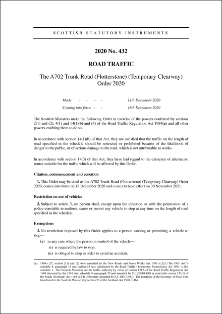 The A702 Trunk Road (Flotterstone) (Temporary Clearway) Order 2020