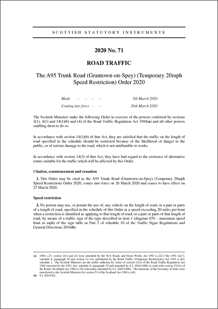 The A95 Trunk Road (Grantown-on-Spey) (Temporary 20mph Speed Restriction) Order 2020