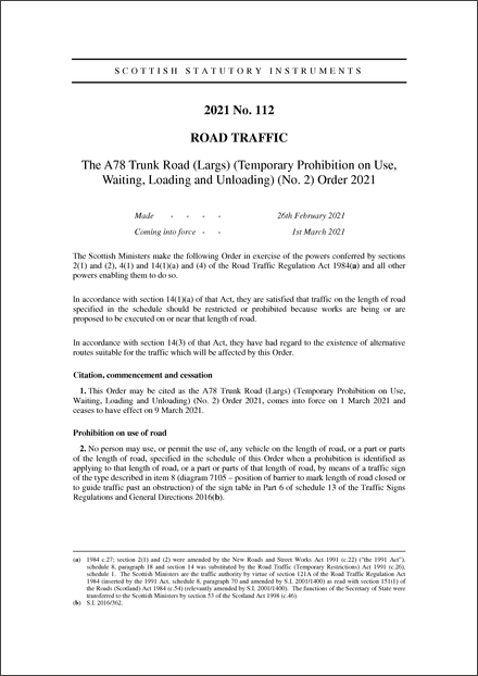 The A78 Trunk Road (Largs) (Temporary Prohibition on Use, Waiting, Loading and Unloading) (No. 2) Order 2021