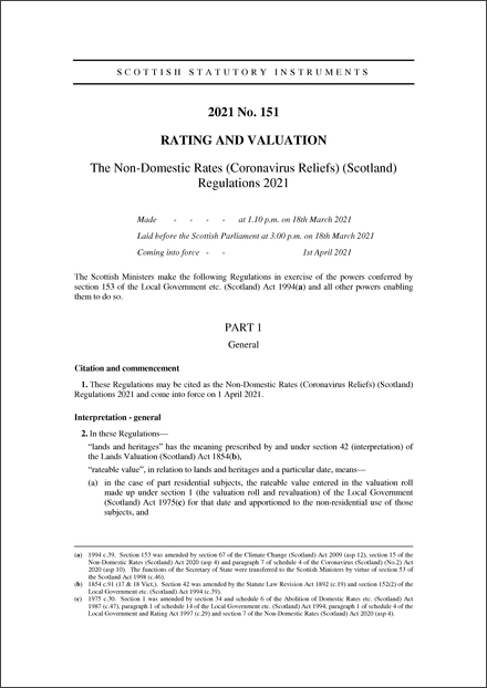 The Non-Domestic Rates (Coronavirus Reliefs) (Scotland) Regulations 2021