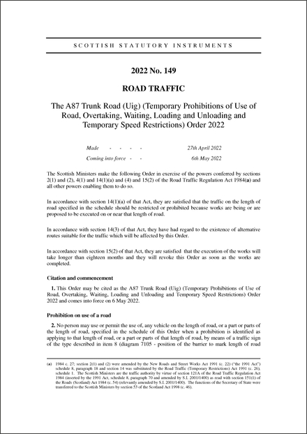 The A87 Trunk Road (Uig) (Temporary Prohibitions of Use of Road, Overtaking, Waiting, Loading and Unloading and Temporary Speed Restrictions) Order 2022
