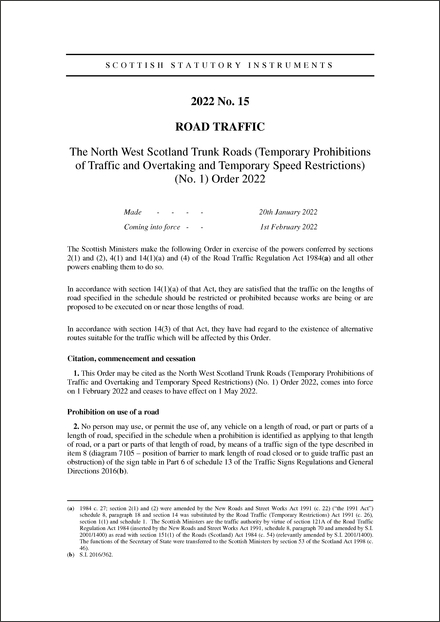 The North West Scotland Trunk Roads (Temporary Prohibitions of Traffic and Overtaking and Temporary Speed Restrictions) (No. 1) Order 2022