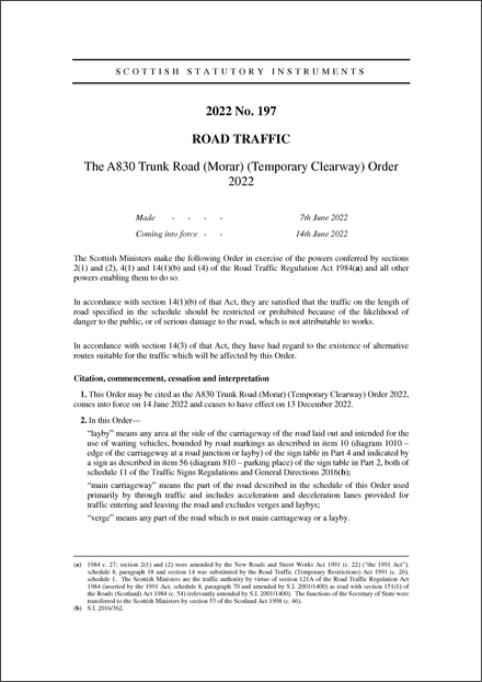 The A830 Trunk Road (Morar) (Temporary Clearway) Order 2022