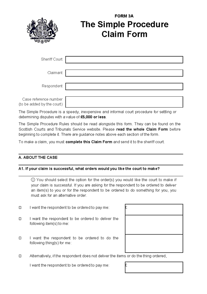 Form 3A, The Simple Procedure Claim Form
