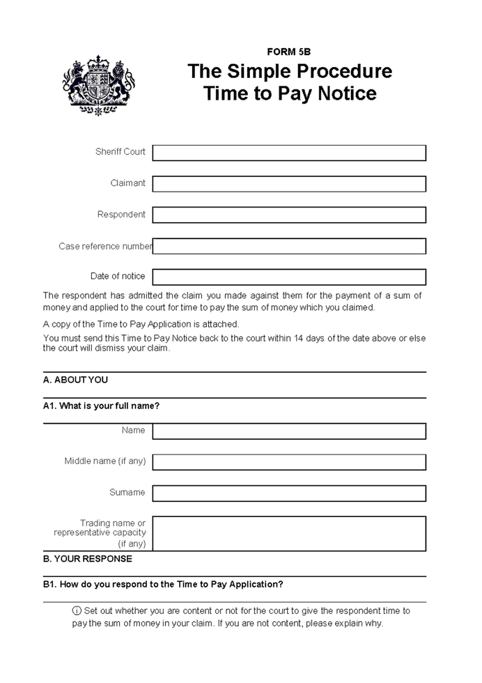 Form 5B - The Simple Procedure Time to Pay Notice 