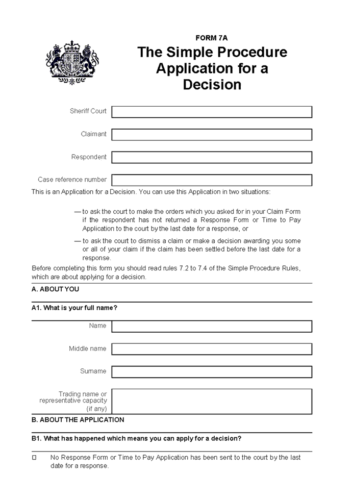 Form 7A - The Simple Procedure Application for a Decision