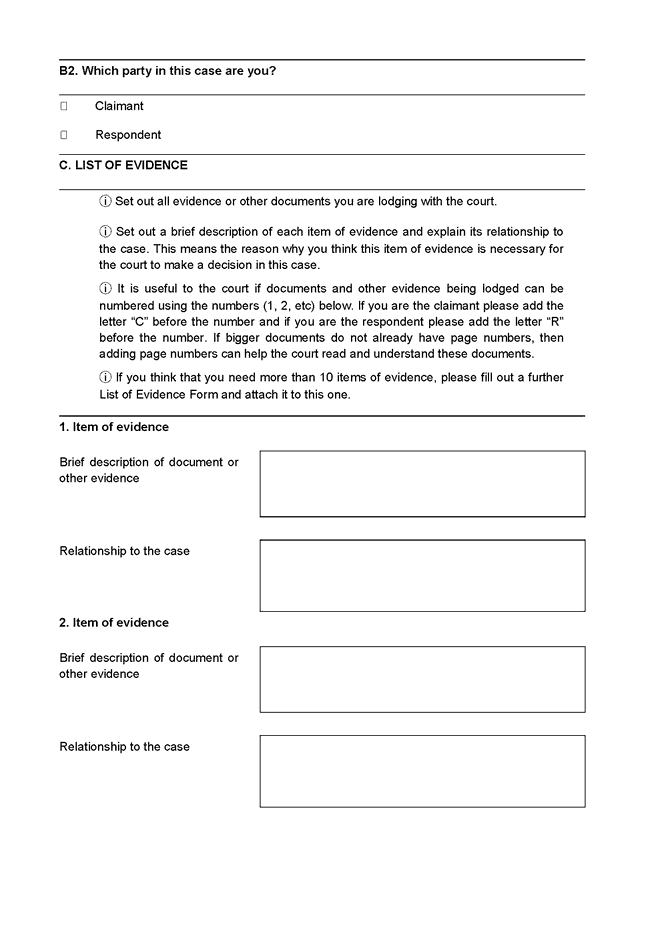 Form 10A - The Simple Procedure List of Evidence Form