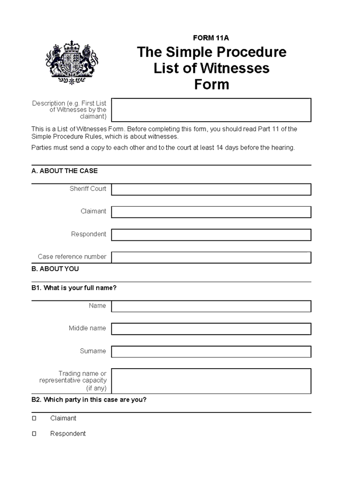 Form 11A - The Simple Procedure List of Witnesses Form