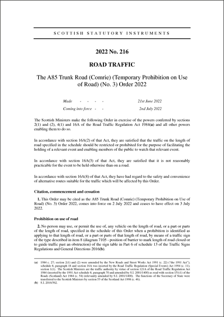 The A85 Trunk Road (Comrie) (Temporary Prohibition on Use of Road) (No. 3) Order 2022