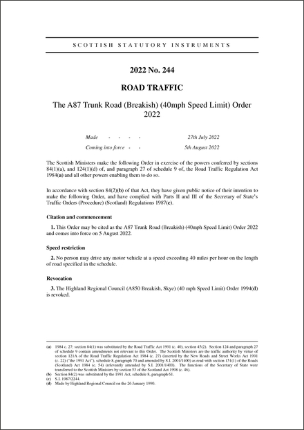 The A87 Trunk Road (Breakish) (40mph Speed Limit) Order 2022