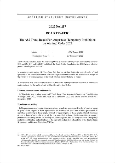 The A82 Trunk Road (Fort Augustus) (Temporary Prohibition on Waiting) Order 2022
