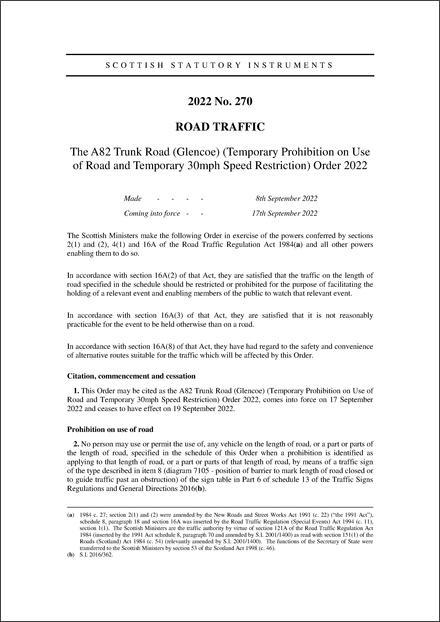 The A82 Trunk Road (Glencoe) (Temporary Prohibition on Use of Road and Temporary 30mph Speed Restriction) Order 2022