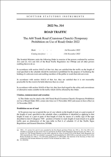 The A68 Trunk Road (Cranstoun Church) (Temporary Prohibition on Use of Road) Order 2022