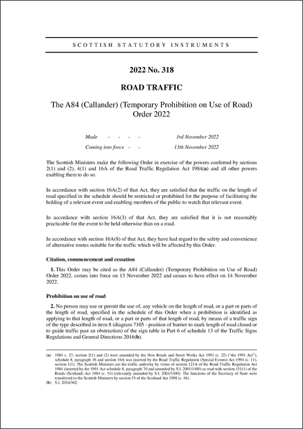 The A84 (Callander) (Temporary Prohibition on Use of Road) Order 2022