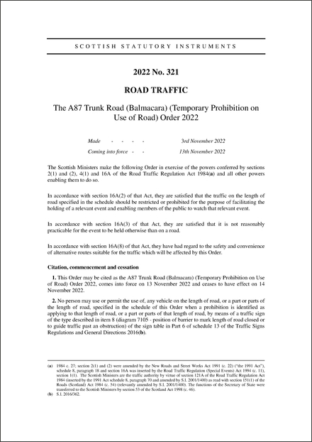 The A87 Trunk Road (Balmacara) (Temporary Prohibition on Use of Road) Order 2022