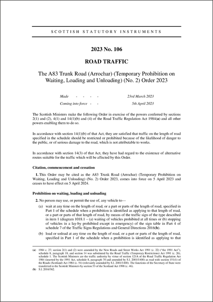 The A83 Trunk Road (Arrochar) (Temporary Prohibition on Waiting, Loading and Unloading) (No. 2) Order 2023