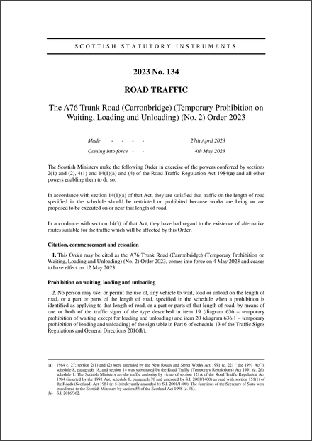 The A76 Trunk Road (Carronbridge) (Temporary Prohibition on Waiting, Loading and Unloading) (No. 2) Order 2023