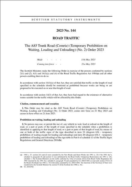 The A85 Trunk Road (Comrie) (Temporary Prohibition on Waiting, Loading and Unloading) (No. 2) Order 2023