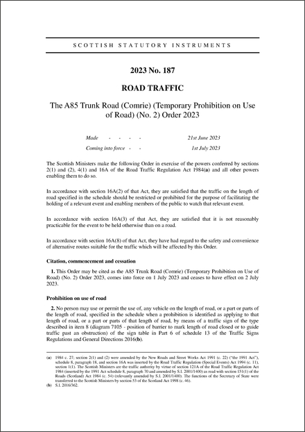 The A85 Trunk Road (Comrie) (Temporary Prohibition on Use of Road) (No. 2) Order 2023