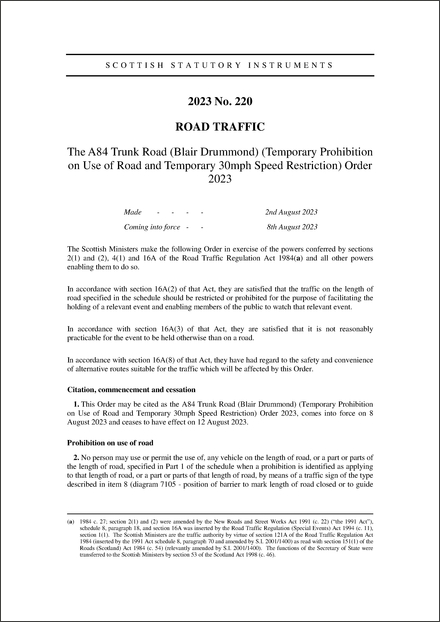 The A84 Trunk Road (Blair Drummond) (Temporary Prohibition on Use of Road and Temporary 30mph Speed Restriction) Order 2023