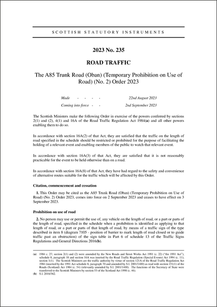 The A85 Trunk Road (Oban) (Temporary Prohibition on Use of Road) (No. 2) Order 2023